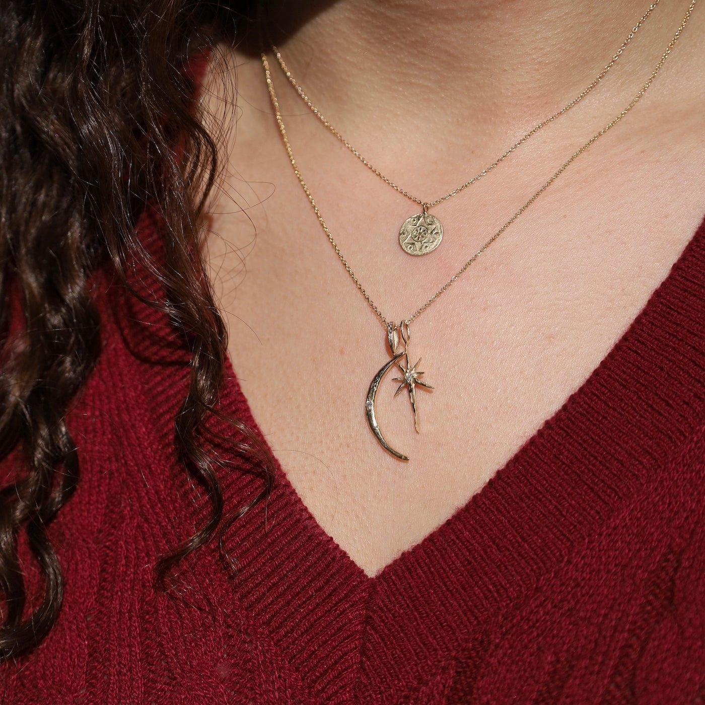 NKL-14K 14k Gold Moon and Divine Guidance Star Necklace