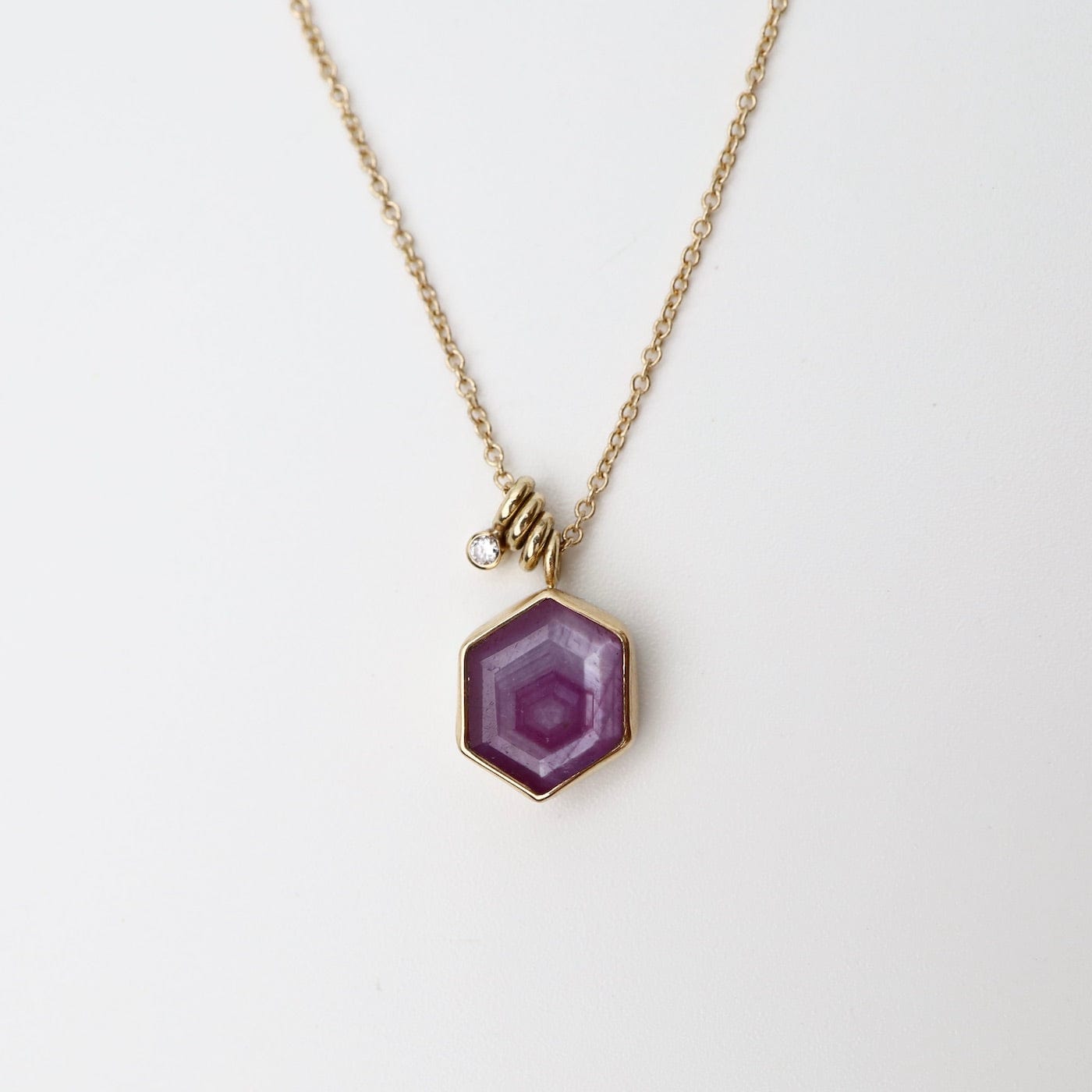 NKL-14K 14k Gold Necklace with Hexagon Table Up African Ruby & Diamond Accent