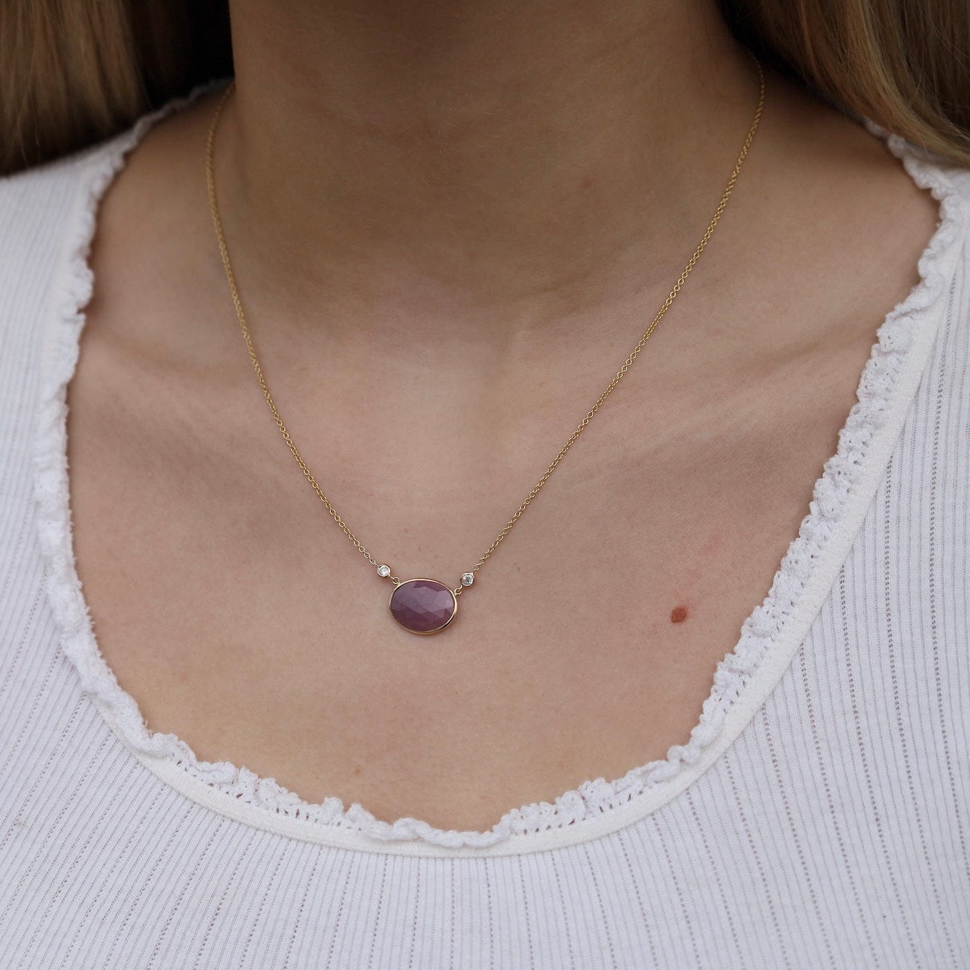 NKL-14K 14k Gold Pink Sapphire Slice & Diamond Necklace