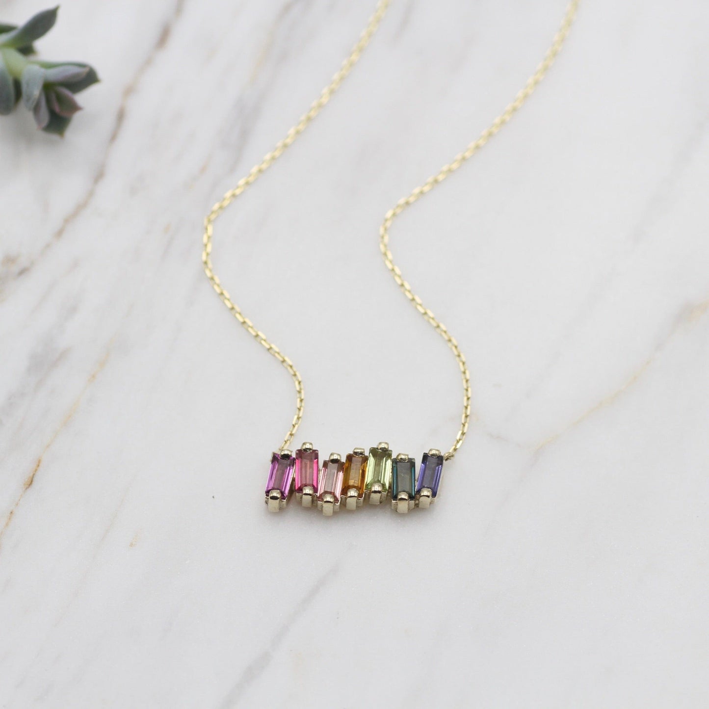 NKL-14K 14k Gold Rainbow Baguette Bar Necklace