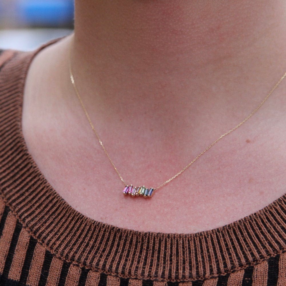 NKL-14K 14k Gold Rainbow Baguette Bar Necklace