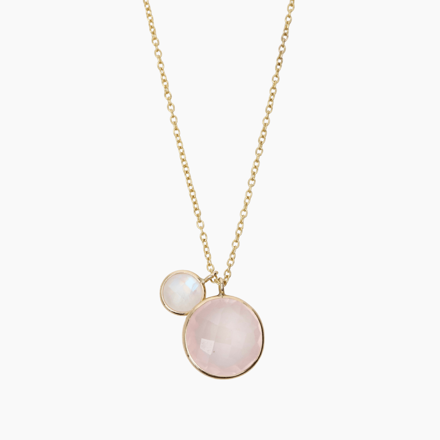 NKL-14K 14k Gold Rose Quartz & Rainbow Moonstone Cluster Necklace