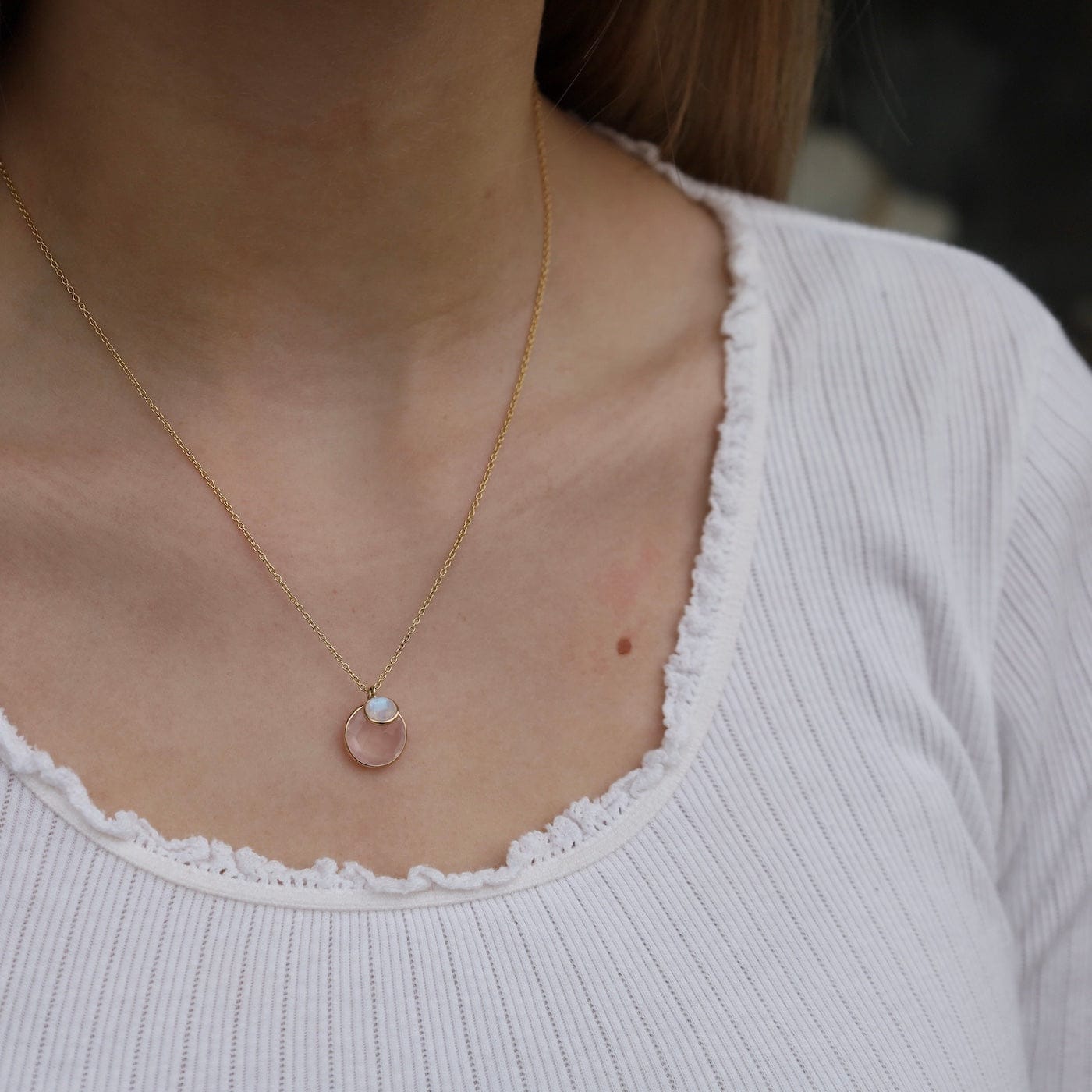 NKL-14K 14k Gold Rose Quartz & Rainbow Moonstone Cluster Necklace