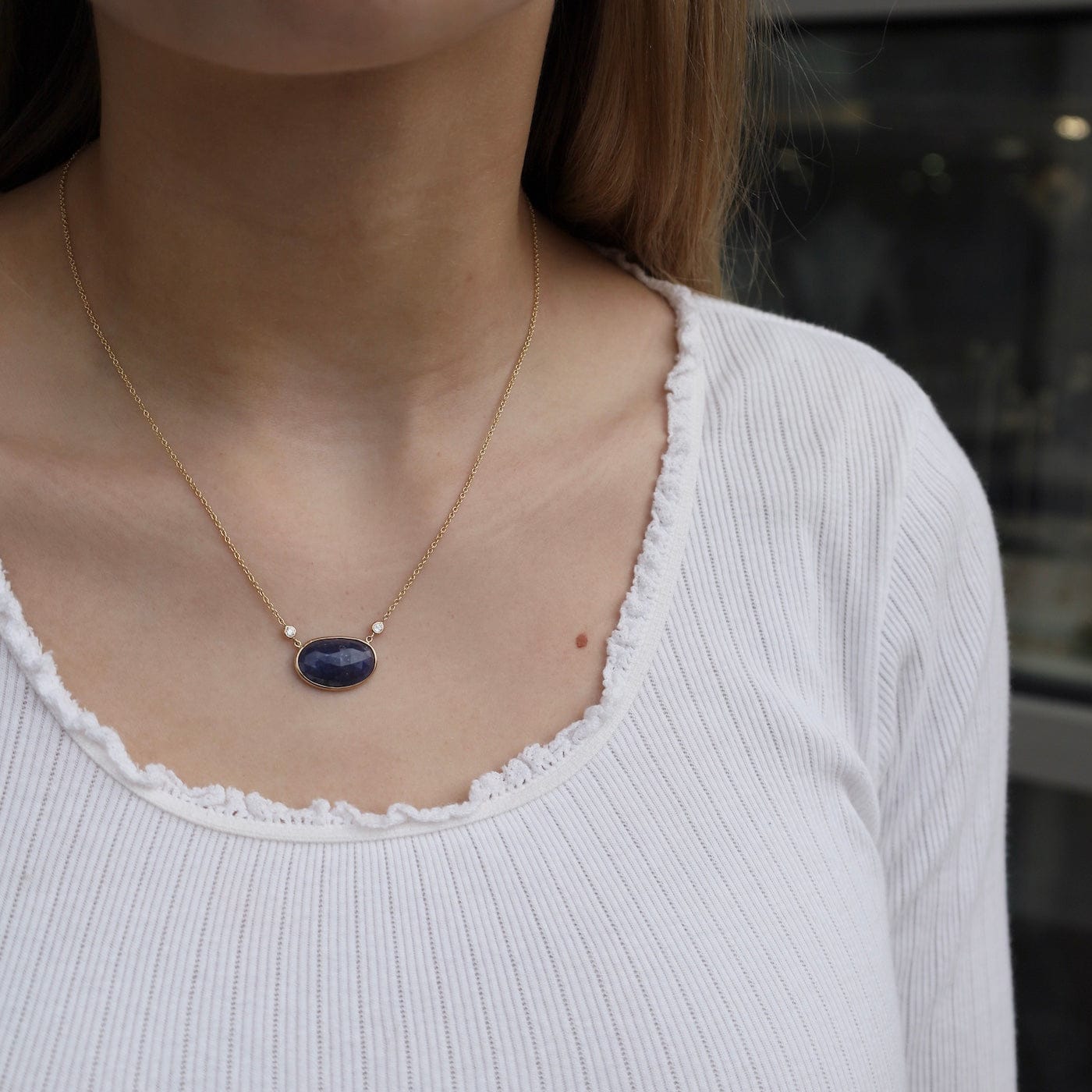 NKL-14K 14k Gold Sapphire Slice & Diamond Necklace