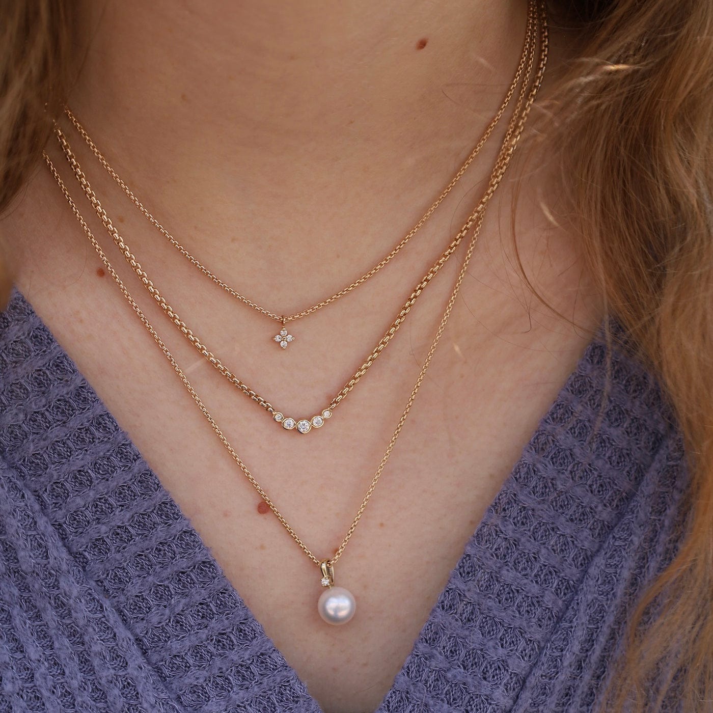 NKL-14K 14K Gold Small Prong Set Quad Diamond Dangle Necklace