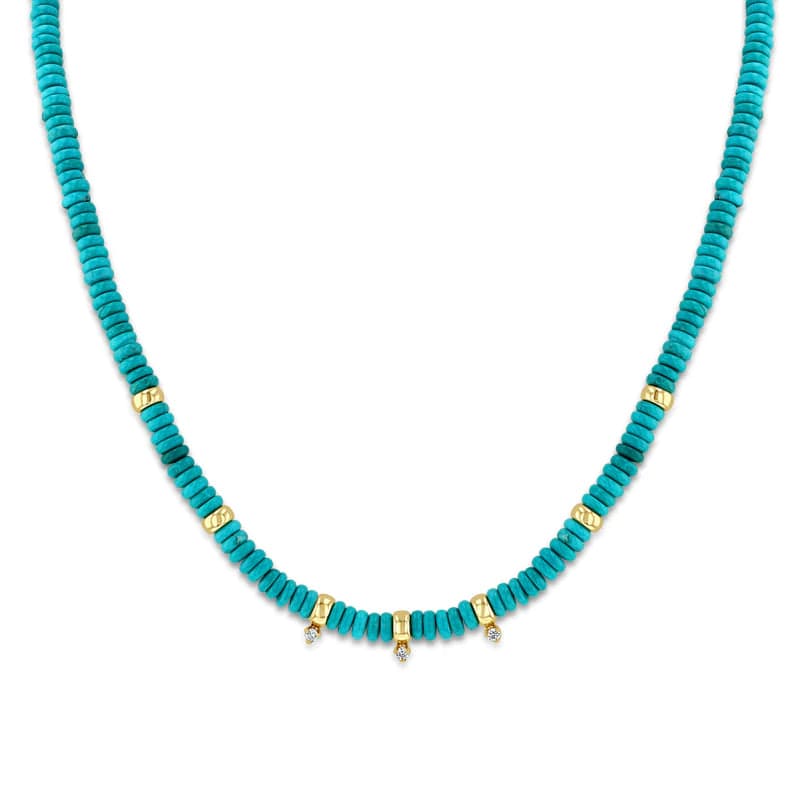 NKL-14K 14k Gold & Turquoise Rondelle and Diamond Bead Necklace