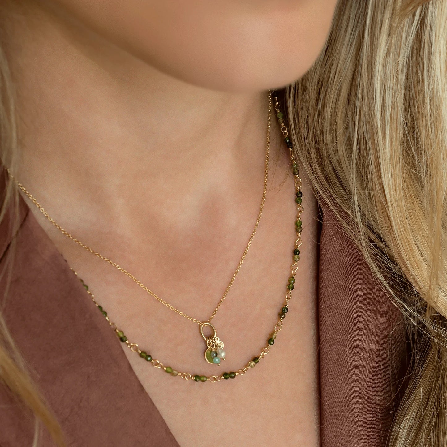 NKL-14K 14k Hand-Tied Natural Green Tourmaline Gemstone Necklace