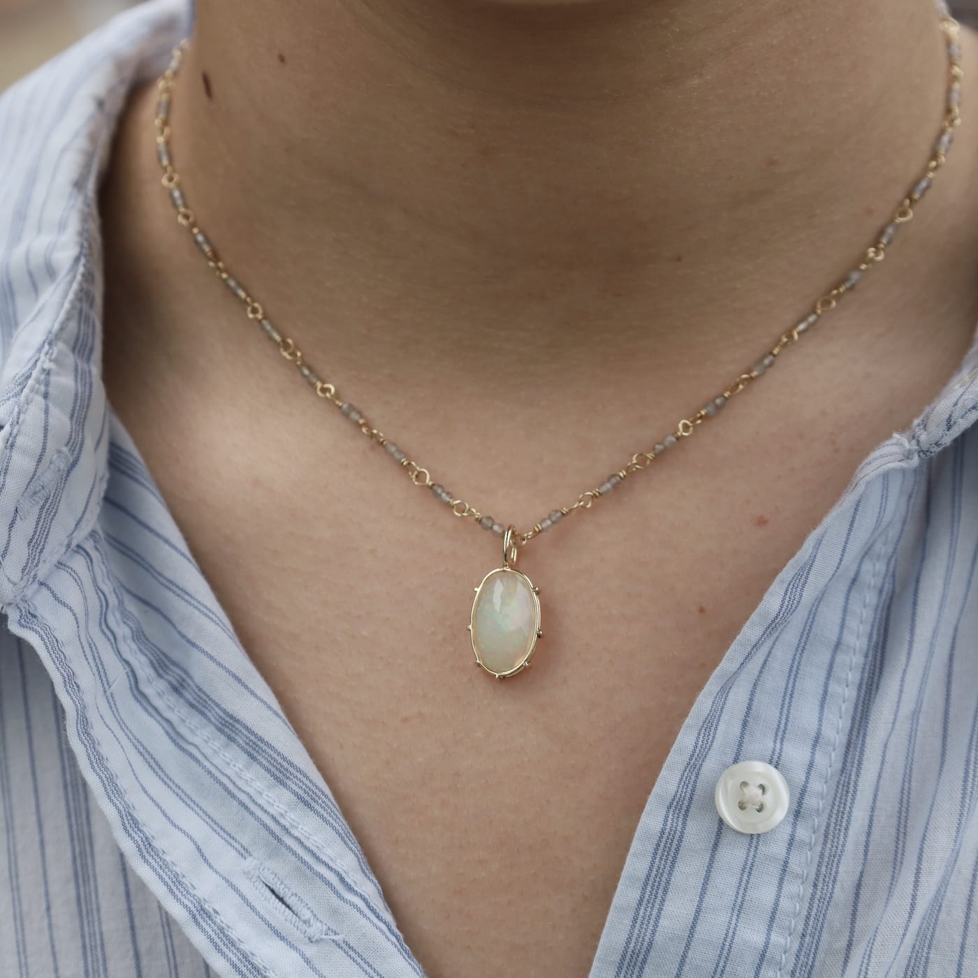 NKL-14K 14k Hand-Tied Natural Slate Moonstone Gemstone Necklace