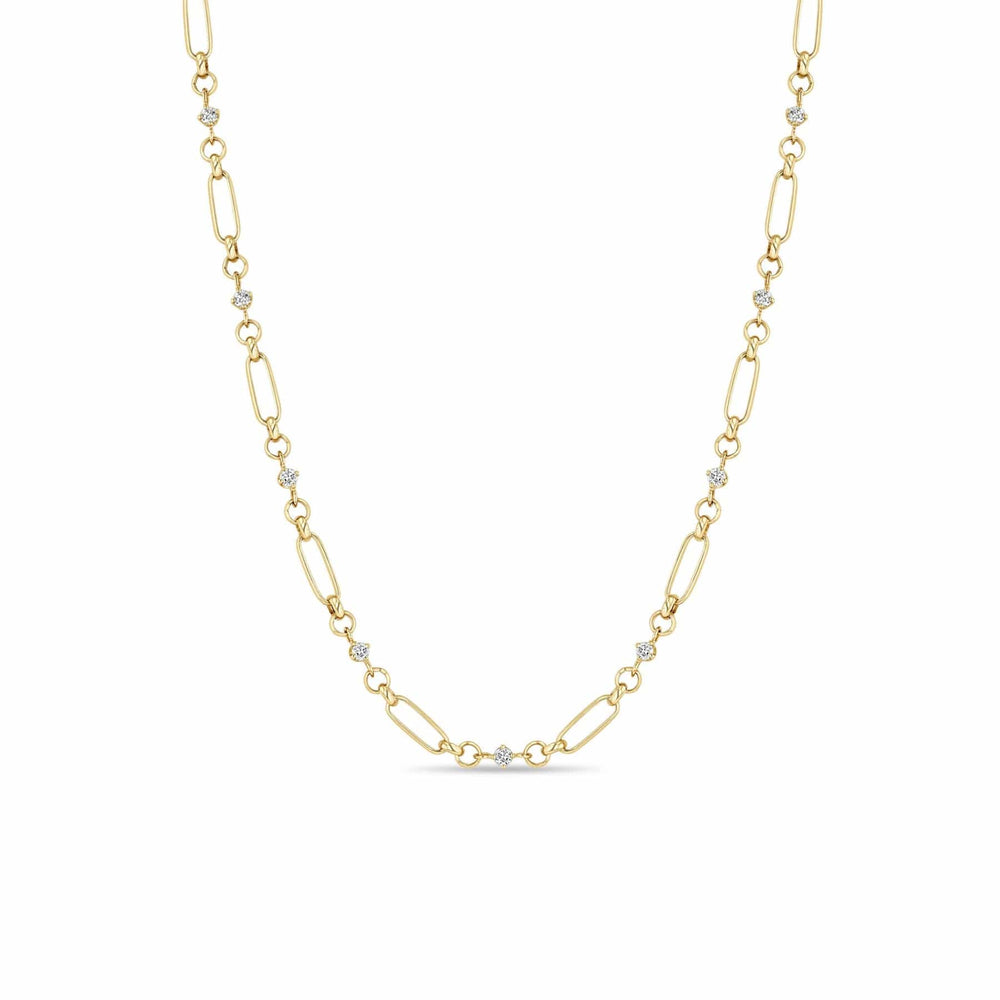 NKL-14K 14k Linked Prong Diamond & Medium Paperclip Rolo Chain Necklace