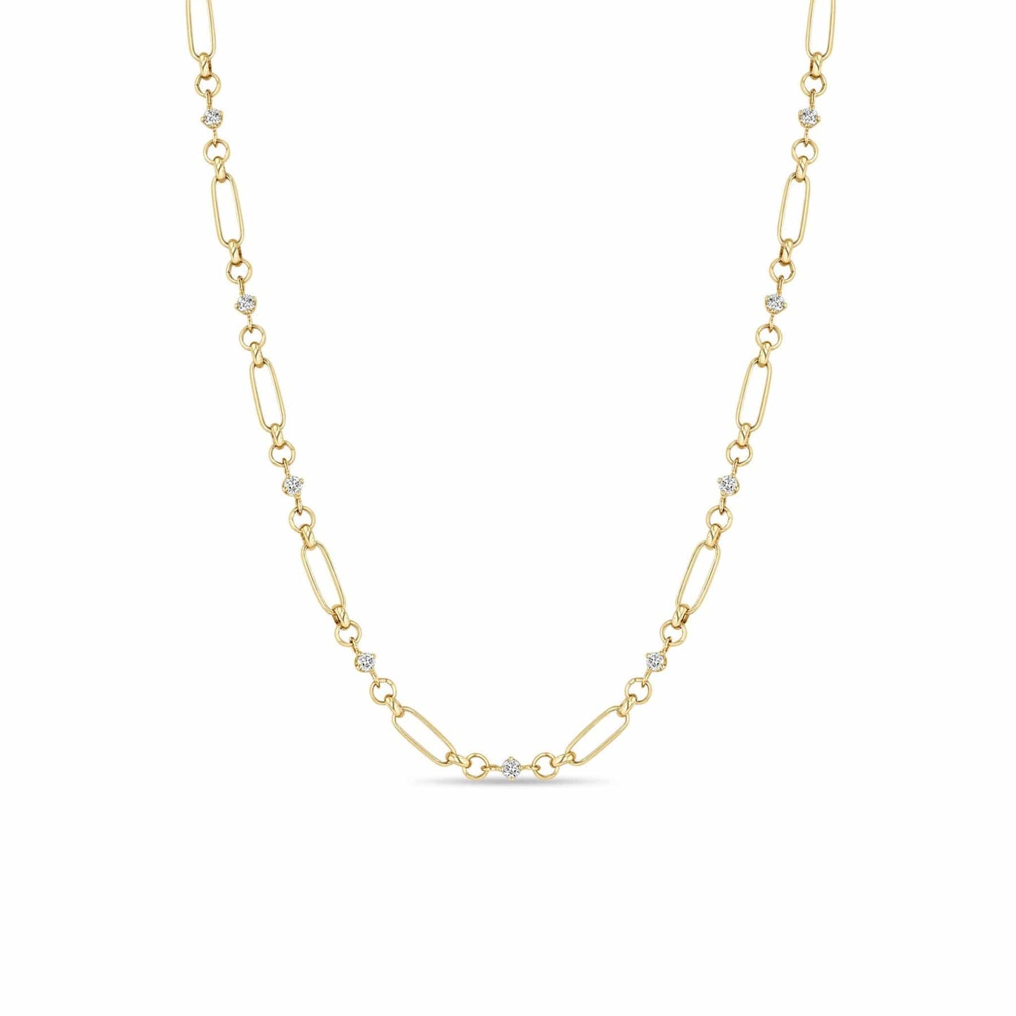 NKL-14K 14k Linked Prong Diamond & Medium Paperclip Rolo Chain Necklace