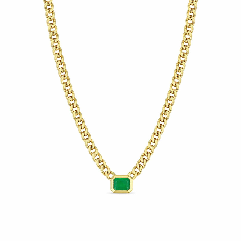 NKL-14K 14k Medium Curb Chain Emerald Cut Emerald Bezel Necklace