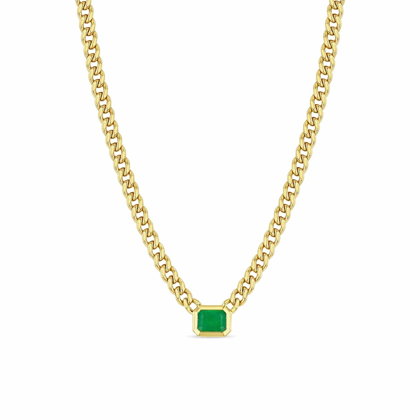 NKL-14K 14k Medium Curb Chain Emerald Cut Emerald Bezel Necklace