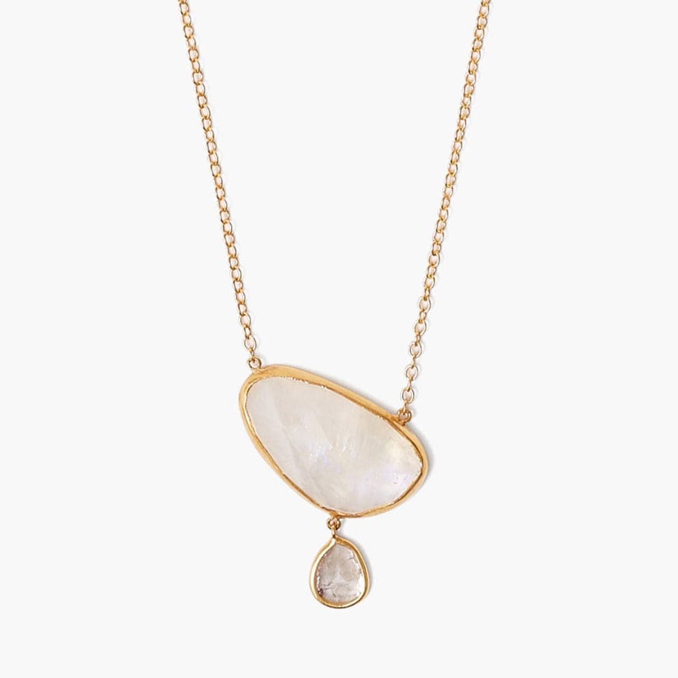 NKL-14K 14K Moonstone Diamond Drop Gold Cliff Necklace