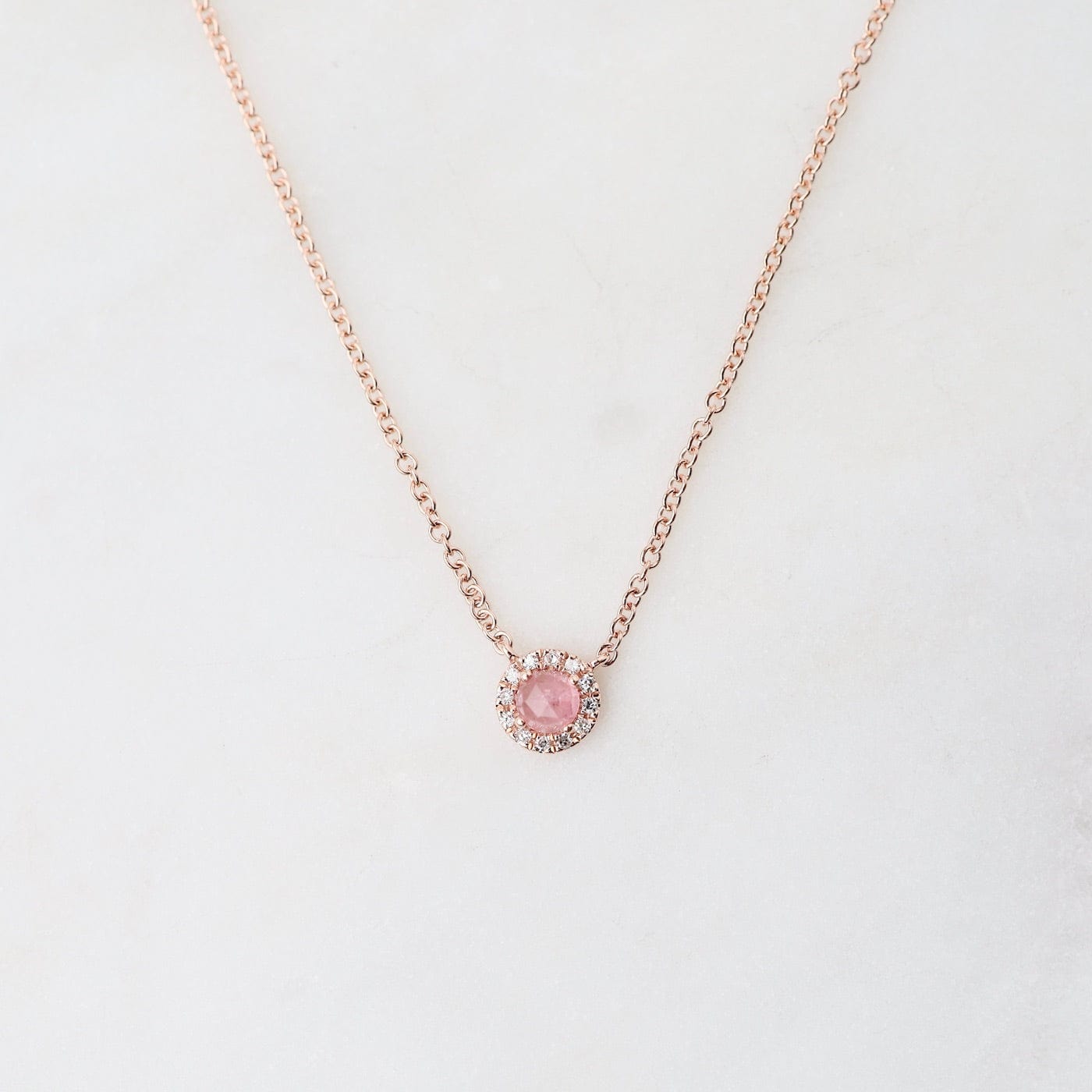 NKL-14K 14k Pink Tourmaline Diamond Halo Necklace