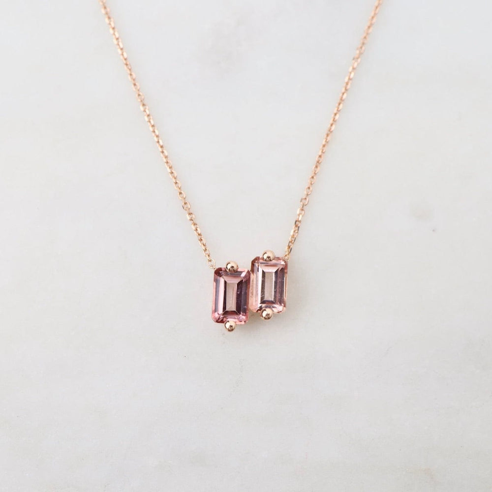 NKL-14K 14k Rose Gold Double Morganite Emerald Cut Necklac