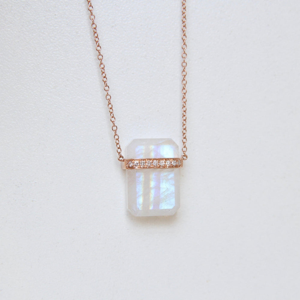 
                      
                        NKL-14K 14k Rose Gold Large Ethos Rainbow Moonstone with Diamond Band Necklace
                      
                    