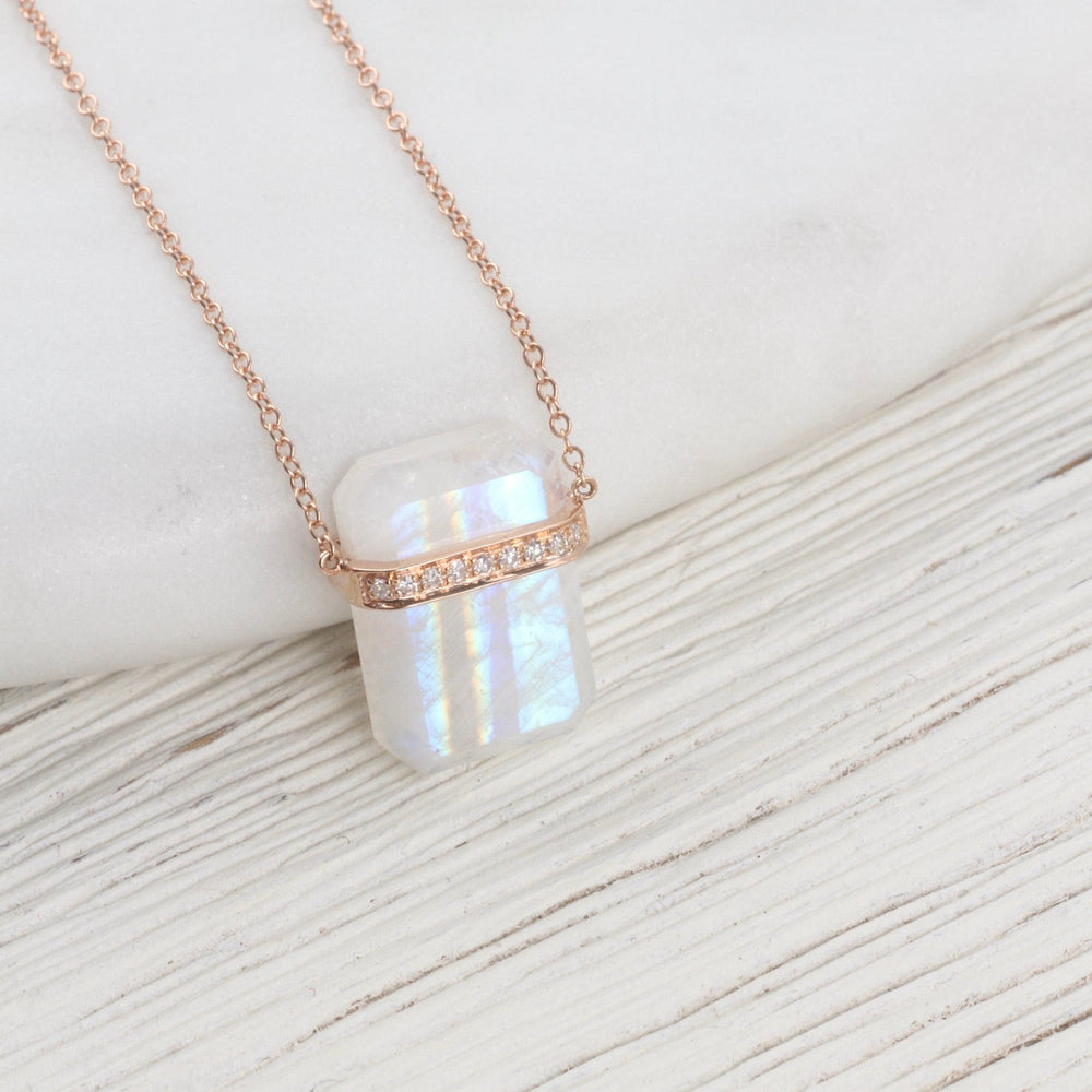 
                      
                        NKL-14K 14k Rose Gold Large Ethos Rainbow Moonstone with Diamond Band Necklace
                      
                    