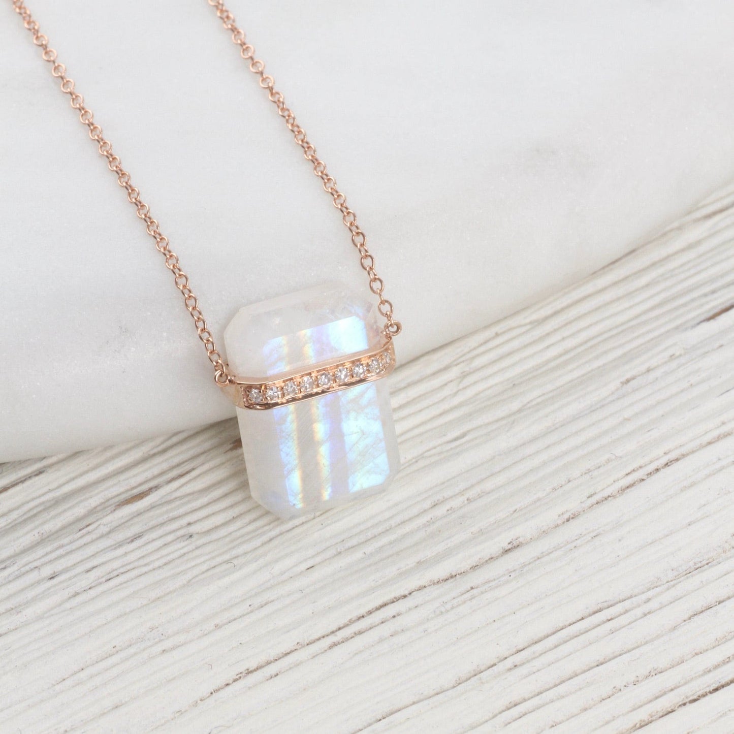 NKL-14K 14k Rose Gold Large Ethos Rainbow Moonstone with Diamond Band Necklace