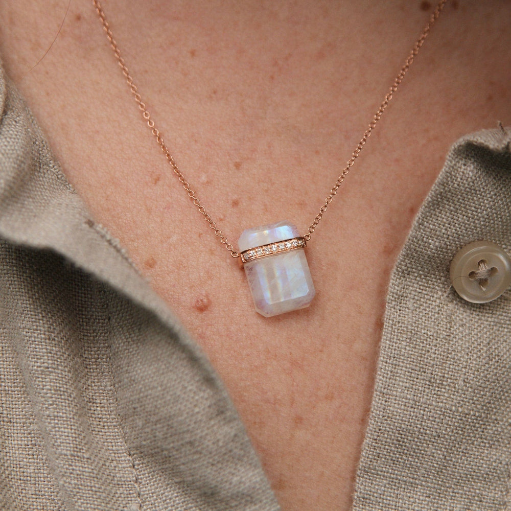 
                      
                        NKL-14K 14k Rose Gold Large Ethos Rainbow Moonstone with Diamond Band Necklace
                      
                    