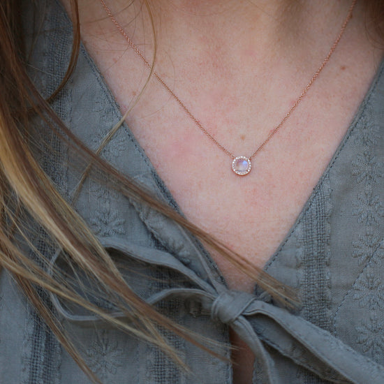 NKL-14K 14k Rose Gold Necklace with Rose-cut Rainbow Moonstone
