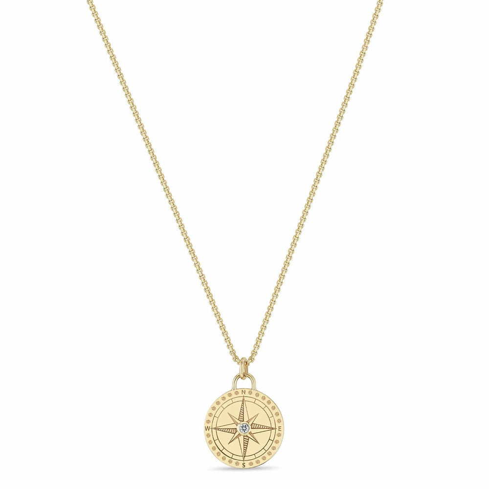 NKL-14K 14k Small Compass Medallion Box Chain Necklace