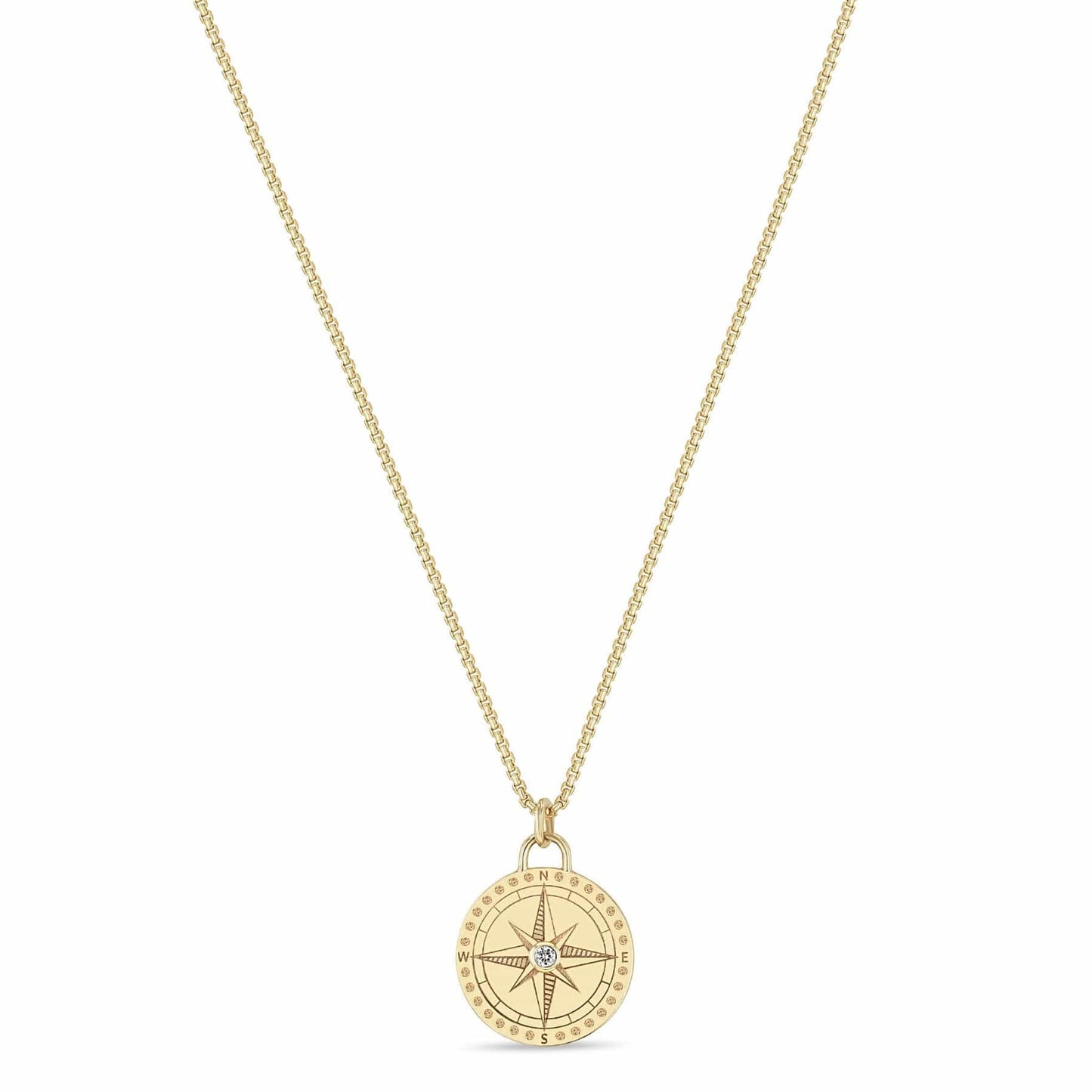 NKL-14K 14k Small Compass Medallion Box Chain Necklace