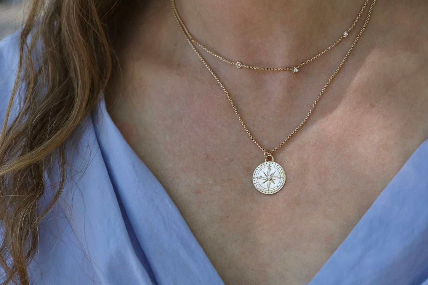 NKL-14K 14k Small Compass Medallion Box Chain Necklace