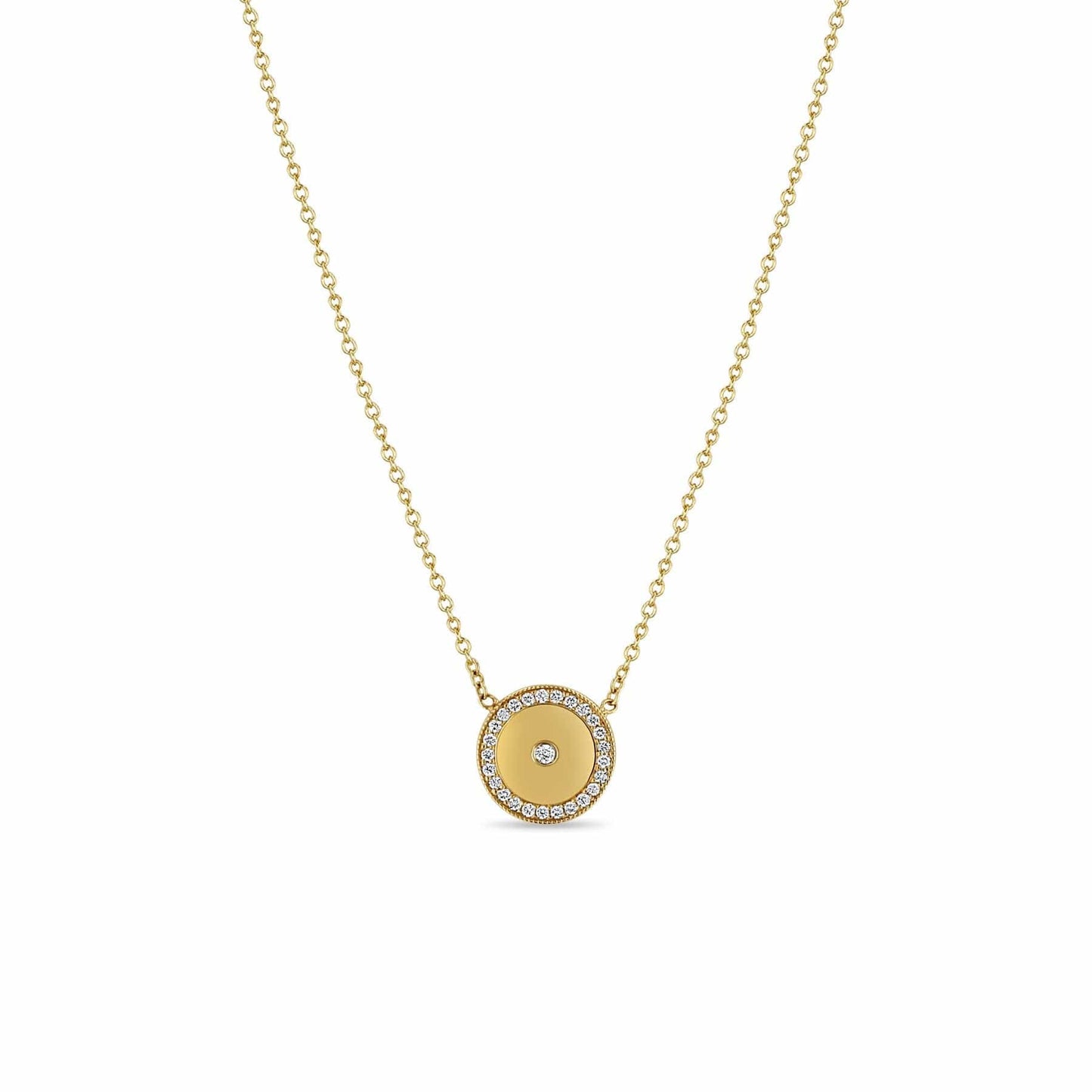 NKL-14K 14k Small Diamond Disc with Diamond Border Necklace