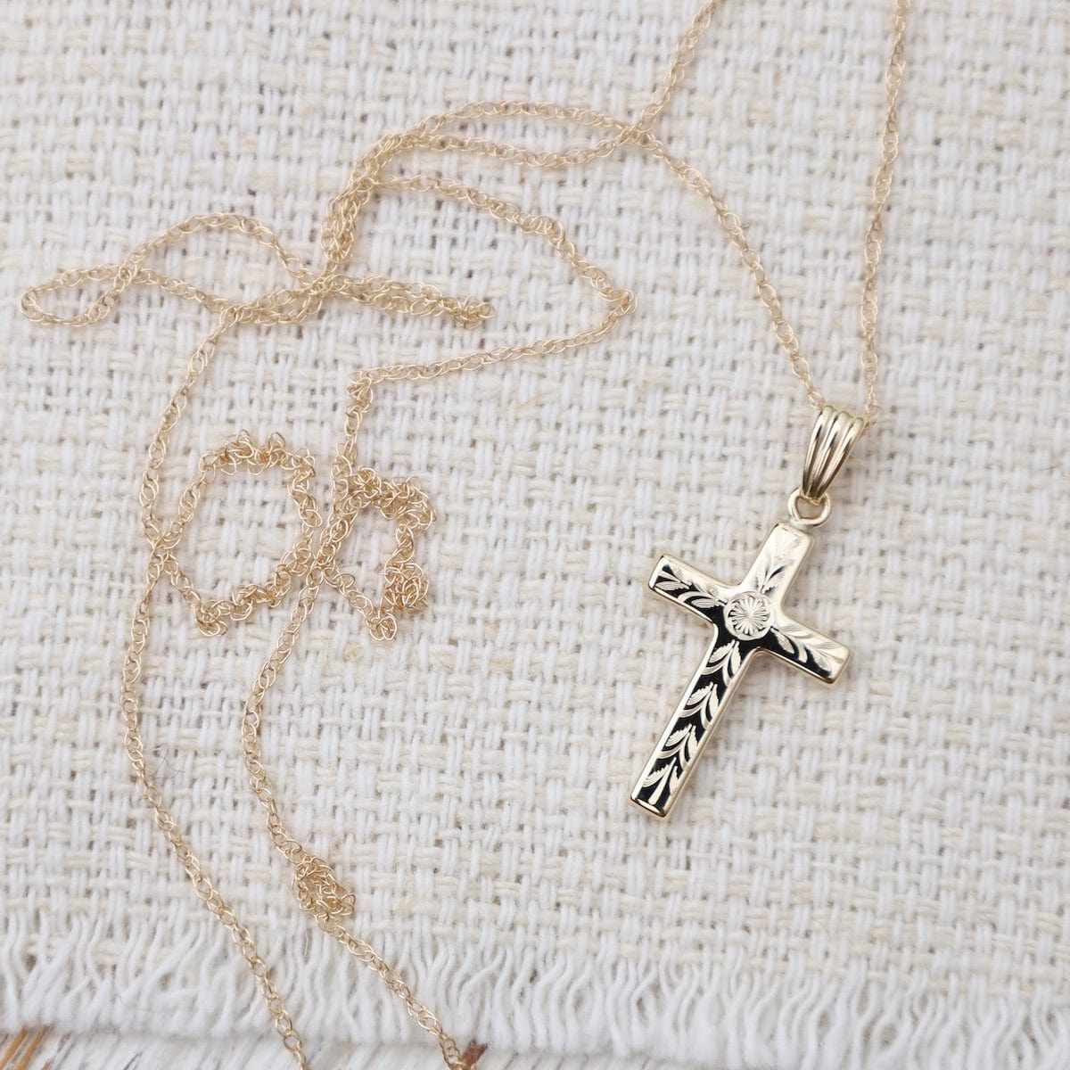 14k Small Fancy English Cross Necklace