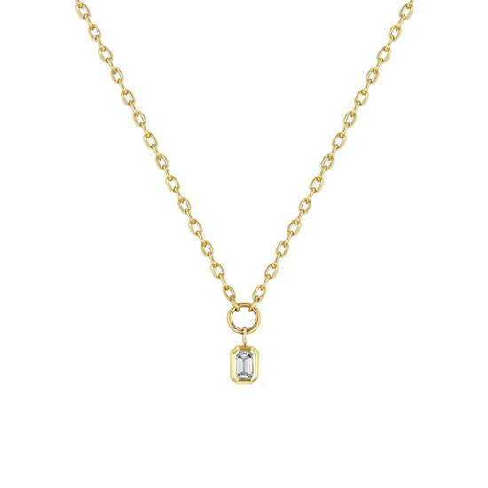 NKL-14K 14k Small Square Oval Link Chain With Emerald Cut Diamond Necklace