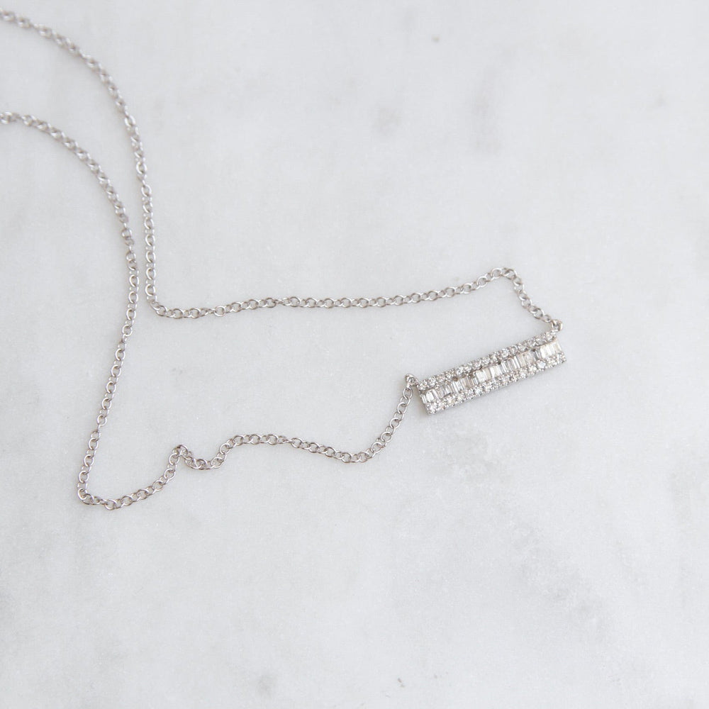 
                      
                        NKL-14K 14K White Gold Channel Baguette with Diamond Edge Bar Necklace
                      
                    