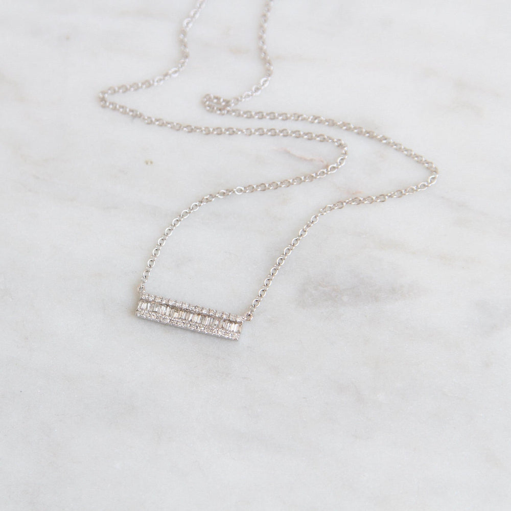 
                      
                        NKL-14K 14K White Gold Channel Baguette with Diamond Edge Bar Necklace
                      
                    