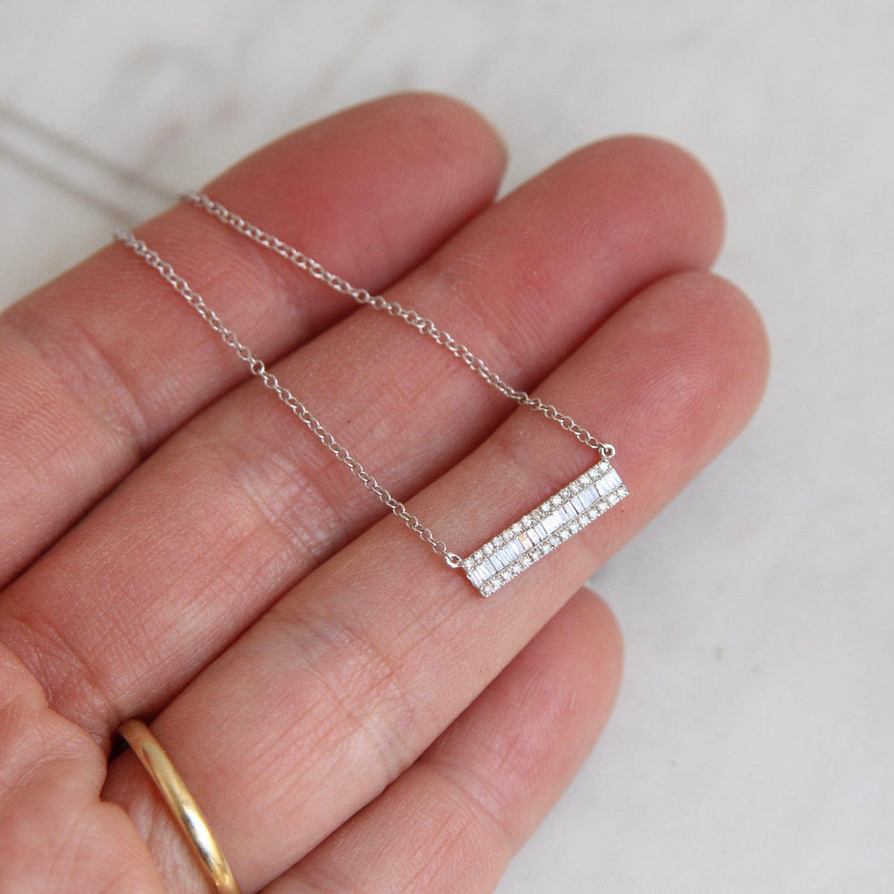 
                      
                        NKL-14K 14K White Gold Channel Baguette with Diamond Edge Bar Necklace
                      
                    