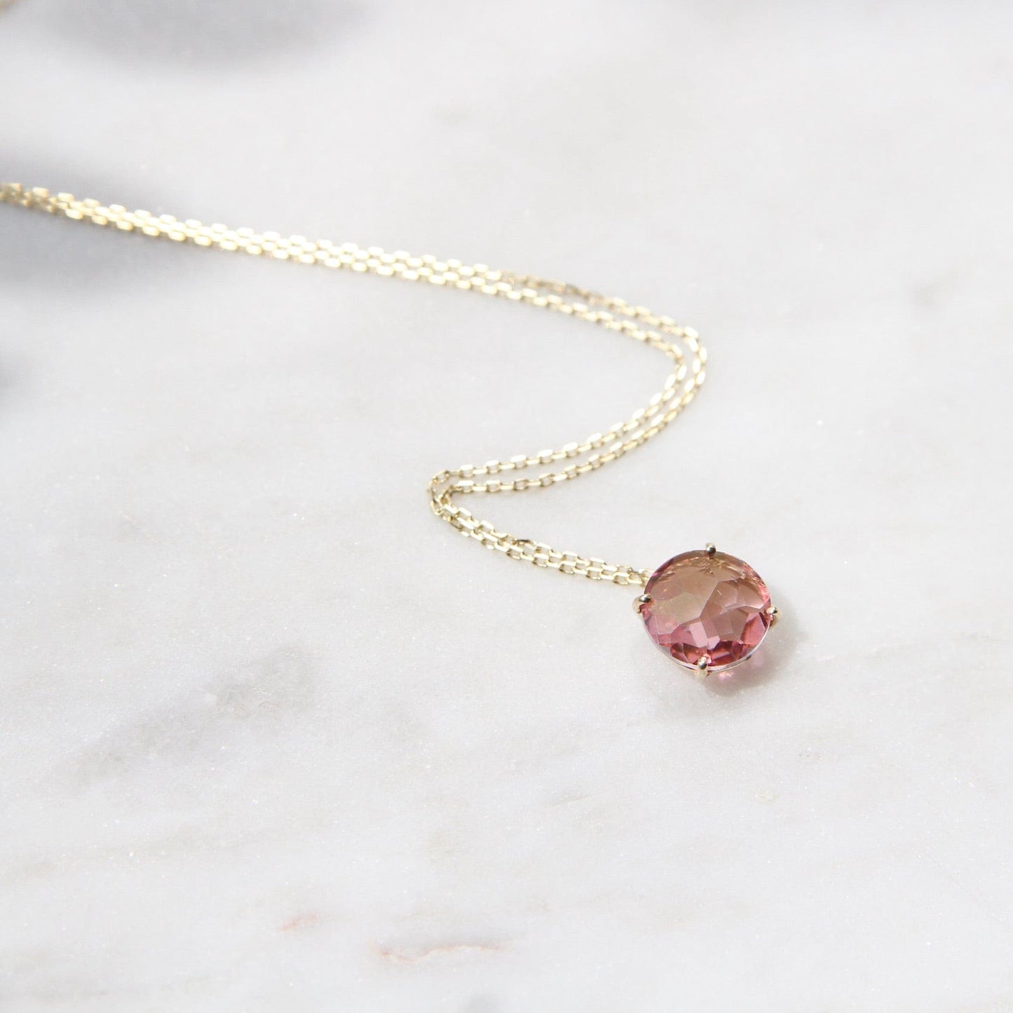 NKL-14K 14k Yellow Gold 8mm Round Salmon Topaz Necklace