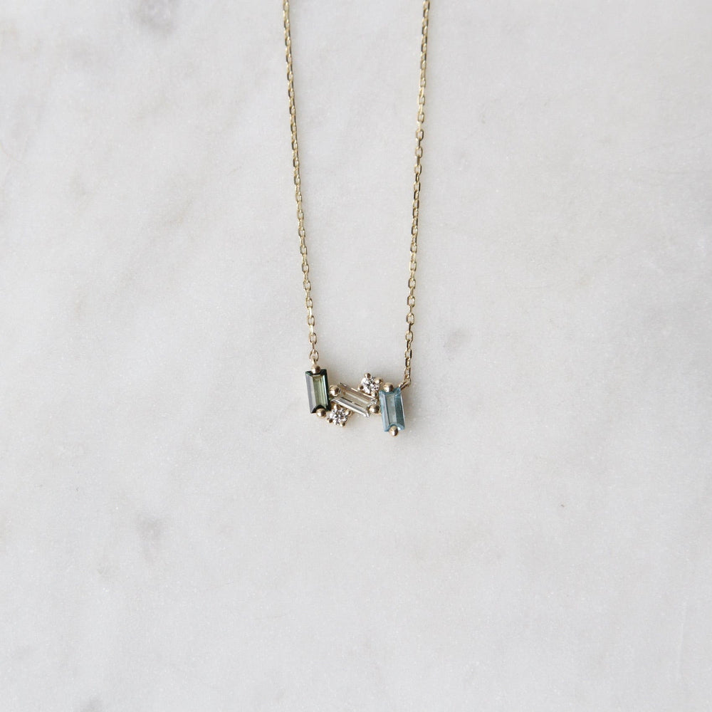 NKL-14K 14k Yellow Gold Blue & Green Mini Bar Necklace