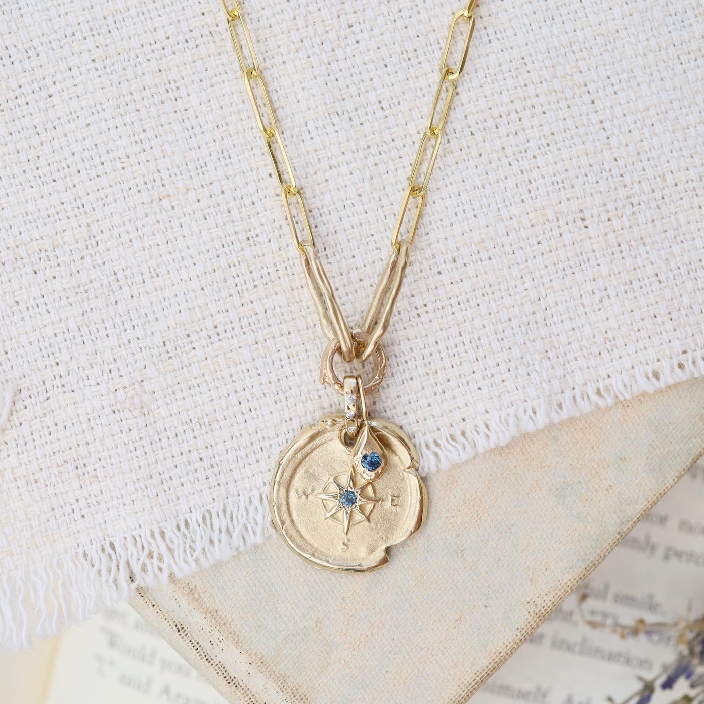 NKL-14K 14k Yellow Gold Compass & Paperclip Necklace with Montana Sapphire