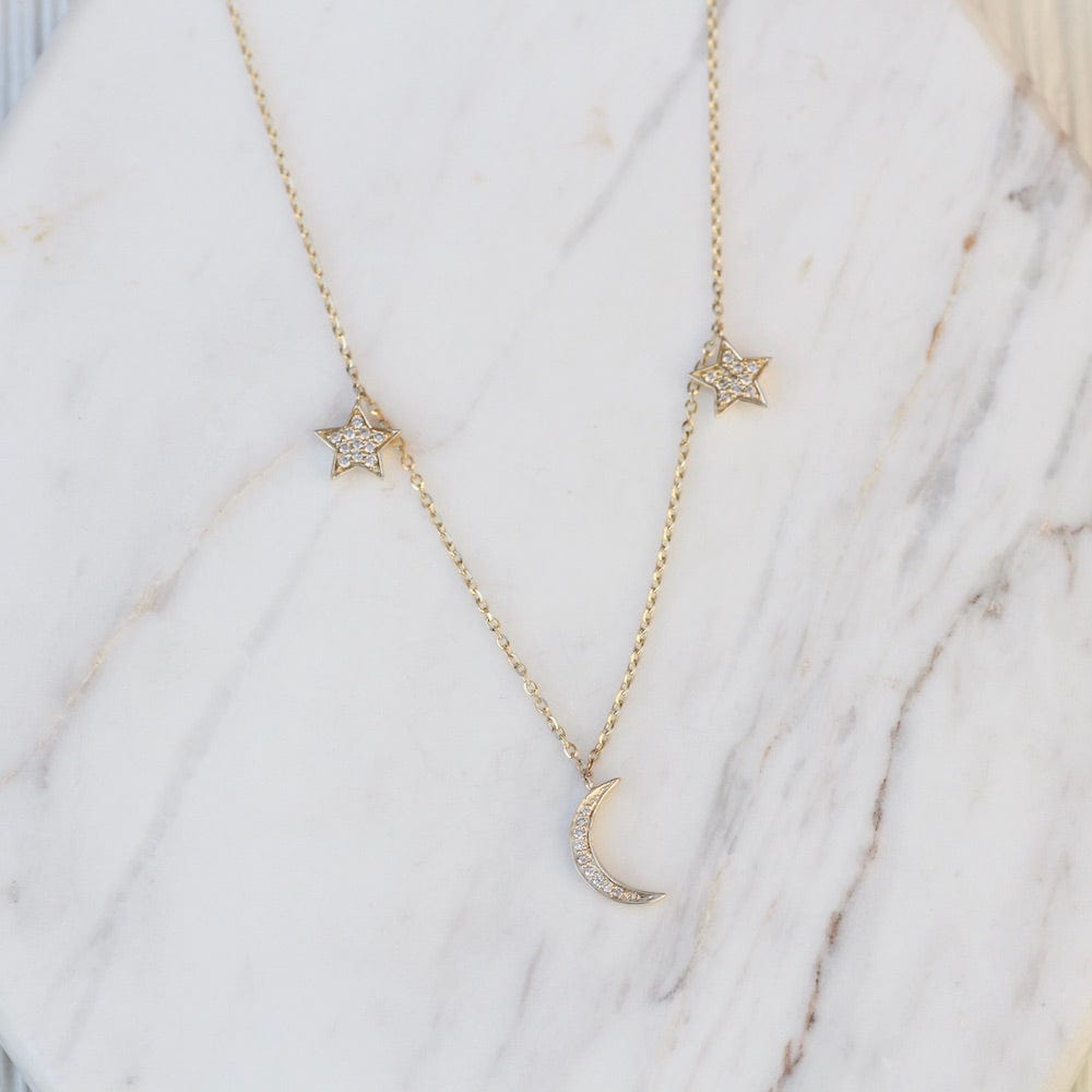 NKL-14K 14K Yellow Gold Diamond Star and Moon Charm Necklace