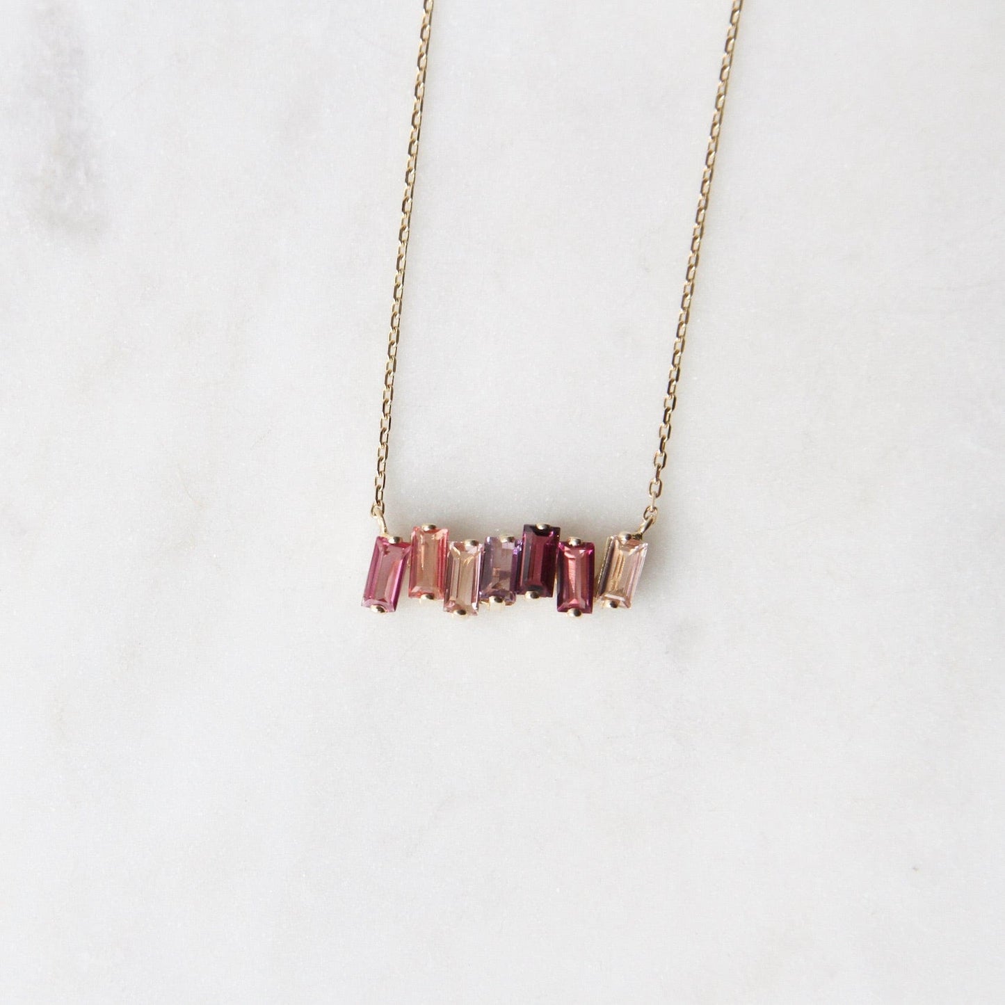 NKL-14K 14k Yellow Gold Mixed Pink Baguette Bar Necklace