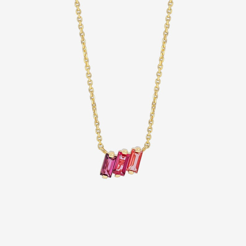 NKL-14K 14k Yellow Gold Mixed Pink Baguette Bar Necklace