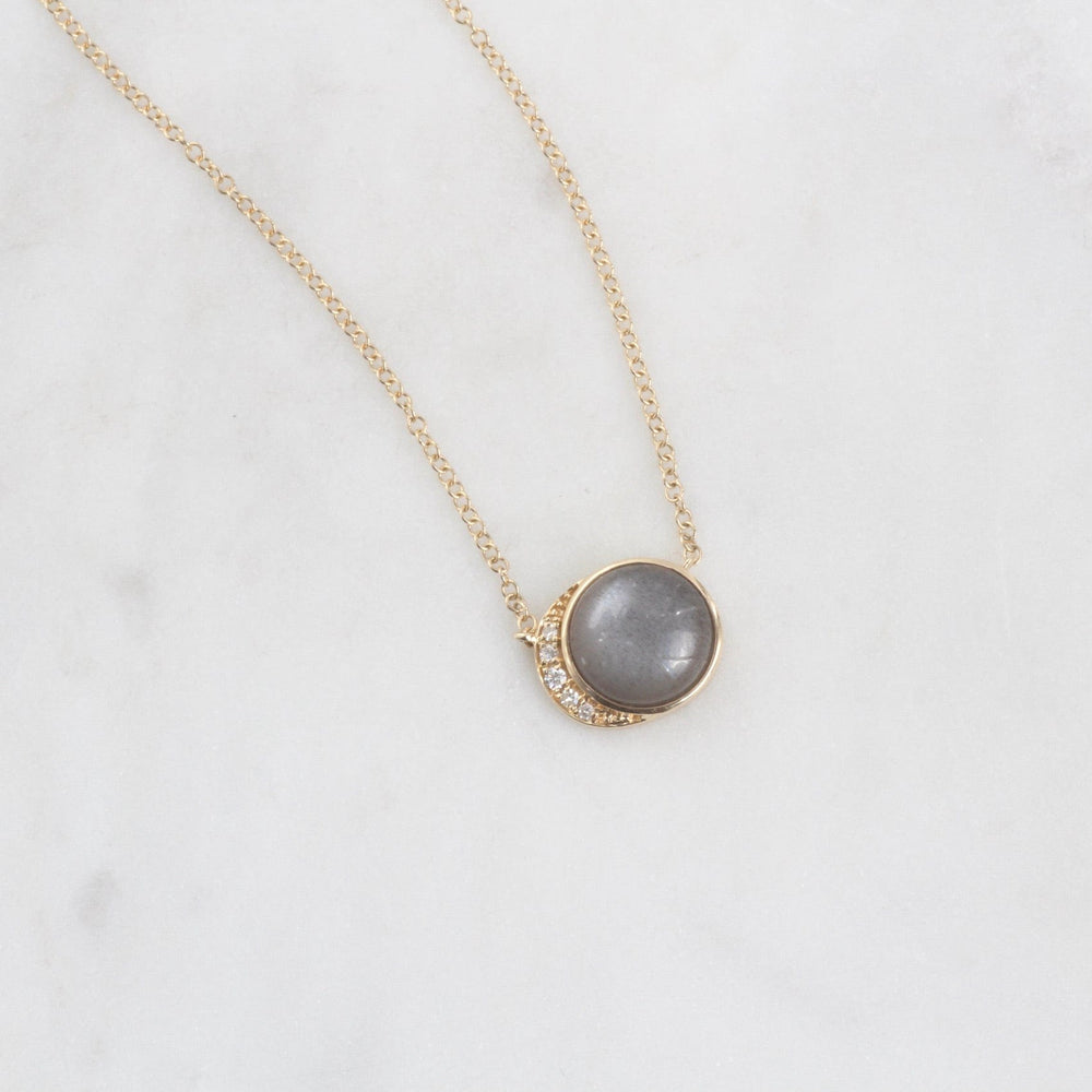 
                      
                        NKL-14K 14k Yellow Gold Moon Phase Necklace with Bezel Set Grey Moonstone
                      
                    