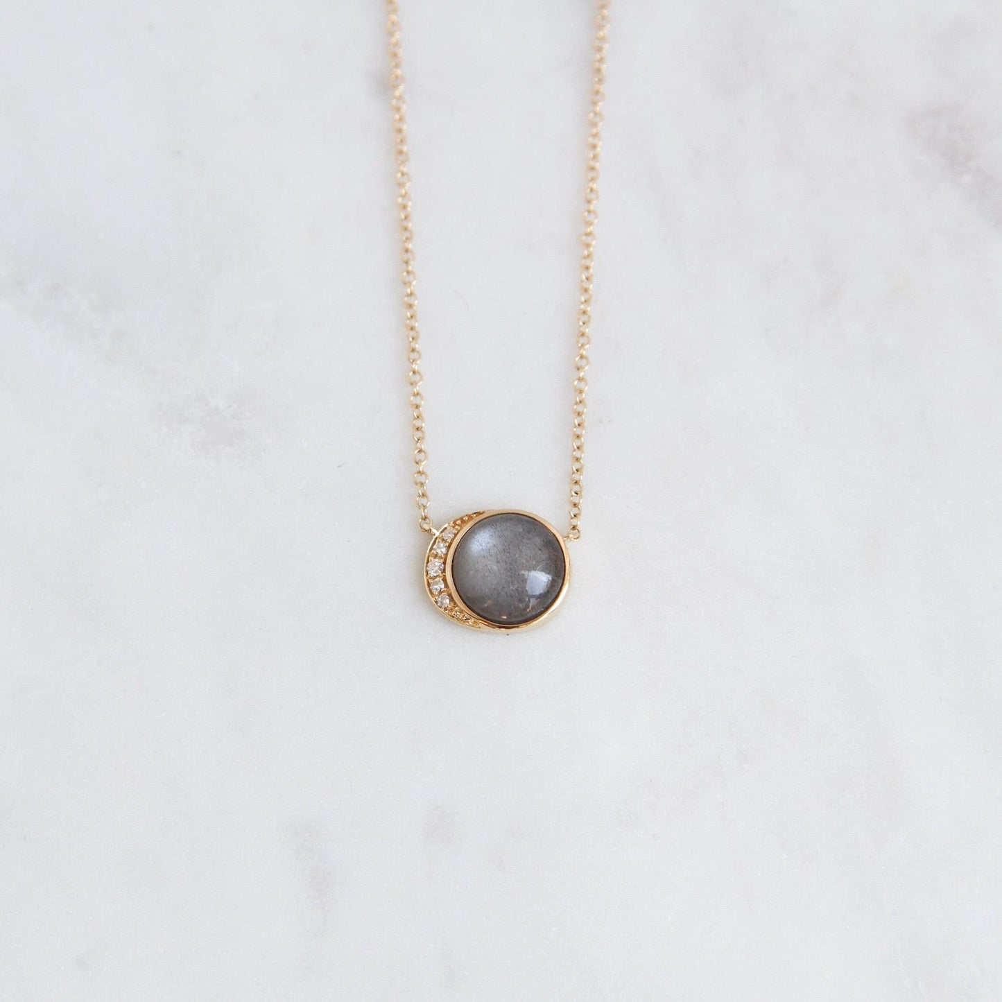 NKL-14K 14k Yellow Gold Moon Phase Necklace with Bezel Set Grey Moonstone