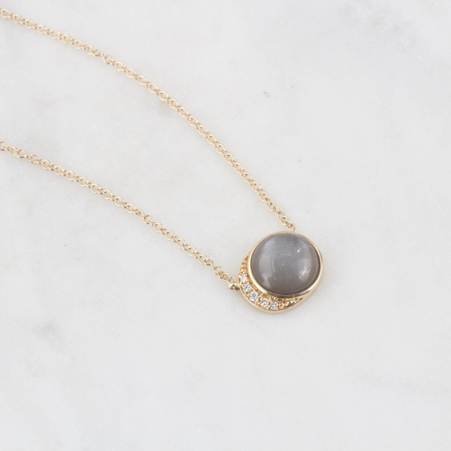 NKL-14K 14k Yellow Gold Moon Phase Necklace with Bezel Set Grey Moonstone