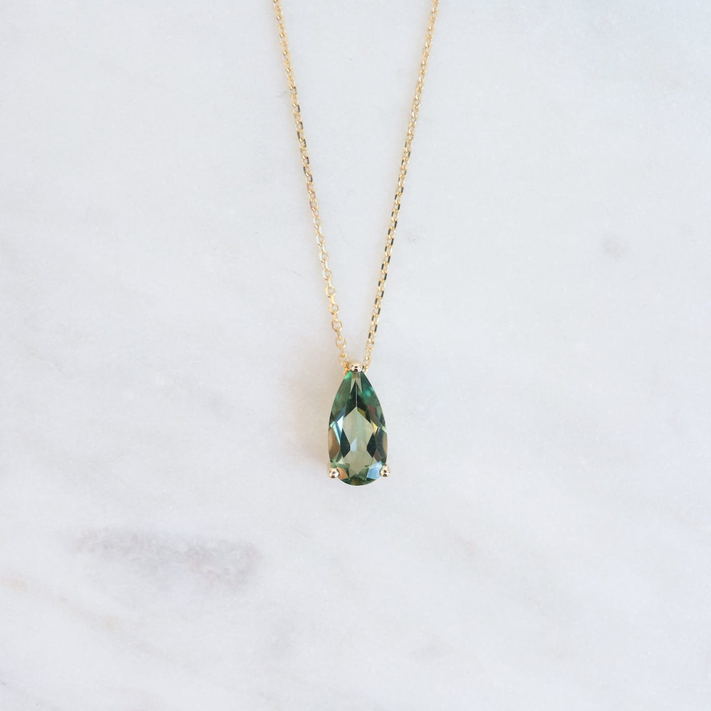 NKL-14K 14k Yellow Gold Pear Shaped Green Envy Topaz Necklace