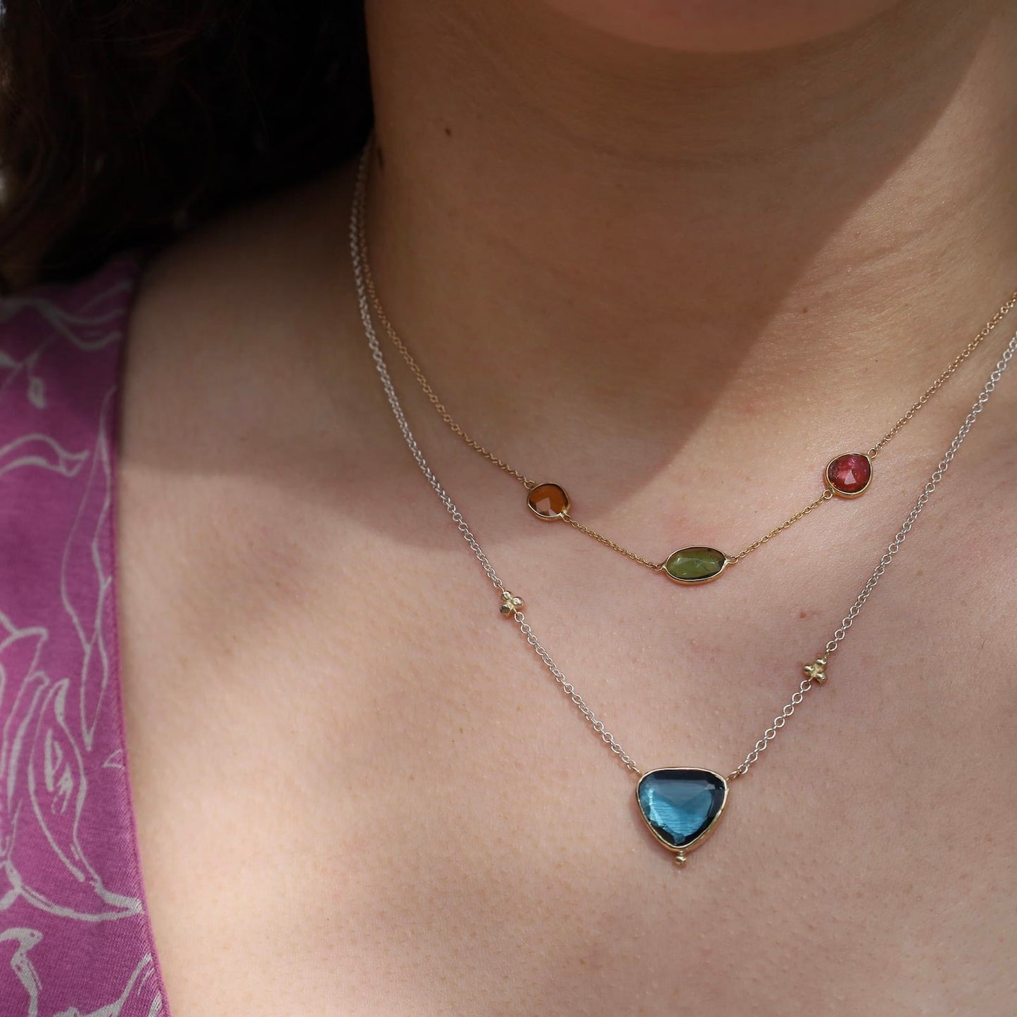 NKL-14K 14K Yellow Gold & Sterling Silver Triangle London Blue Topaz Necklace