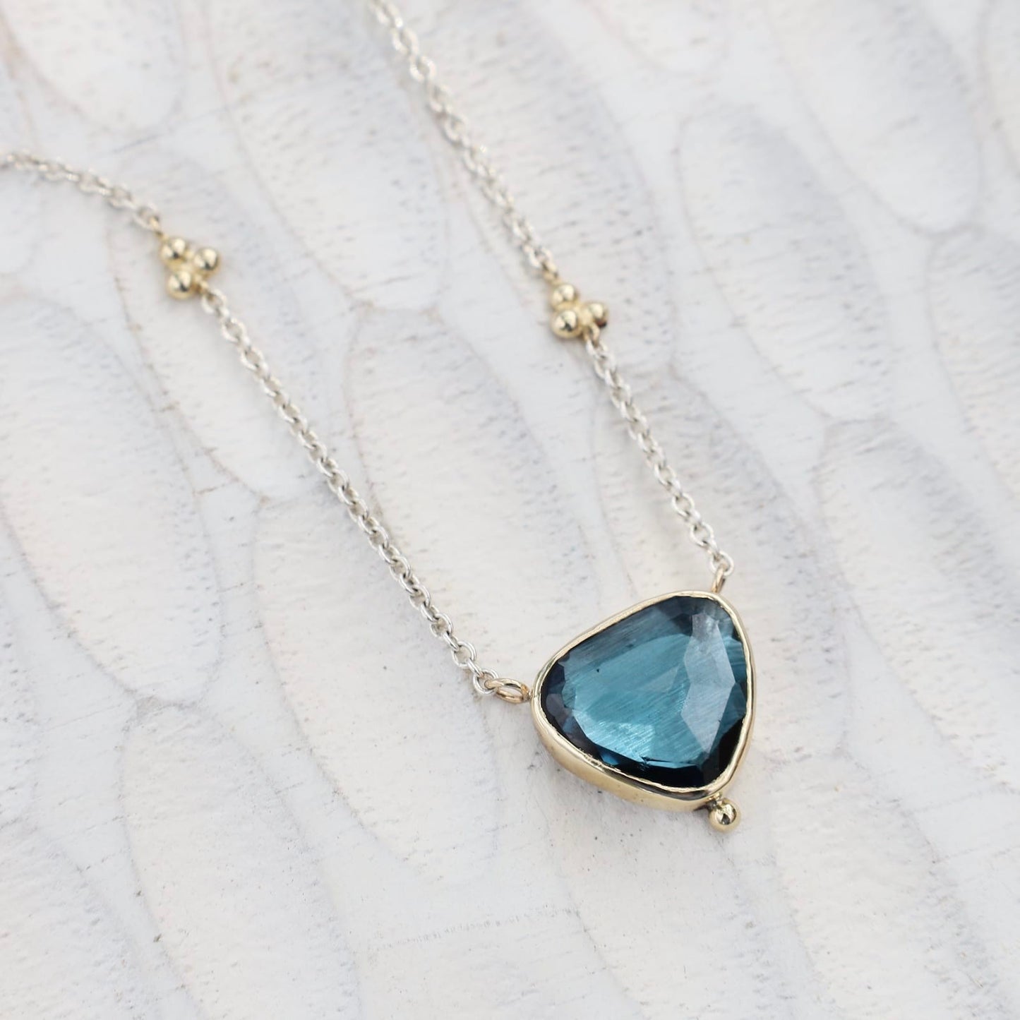 NKL-14K 14K Yellow Gold & Sterling Silver Triangle London Blue Topaz Necklace