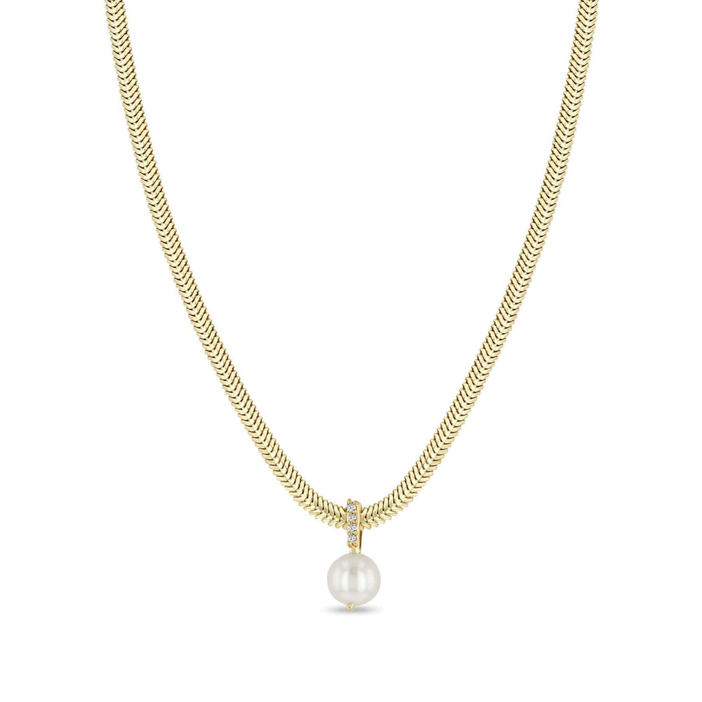 
                      
                        NKL-14K Cultured Pearl Hanging from A White Diamond Pavé Bail Necklace
                      
                    