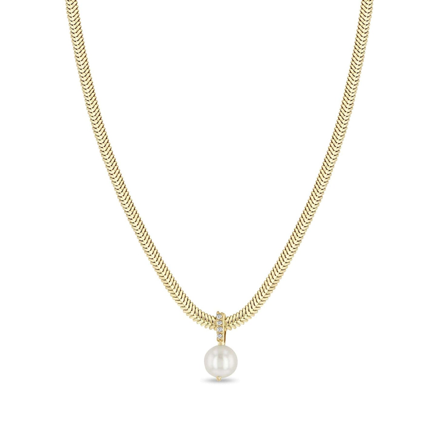 NKL-14K Cultured Pearl Hanging from A White Diamond Pavé Bail Necklace