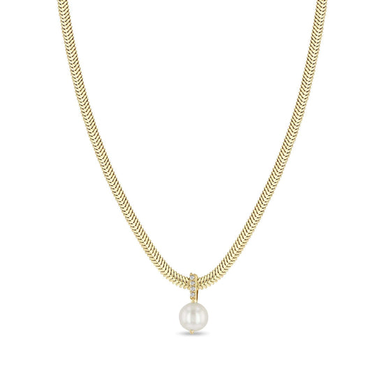 NKL-14K Cultured Pearl Hanging from A White Diamond Pavé Bail Necklace