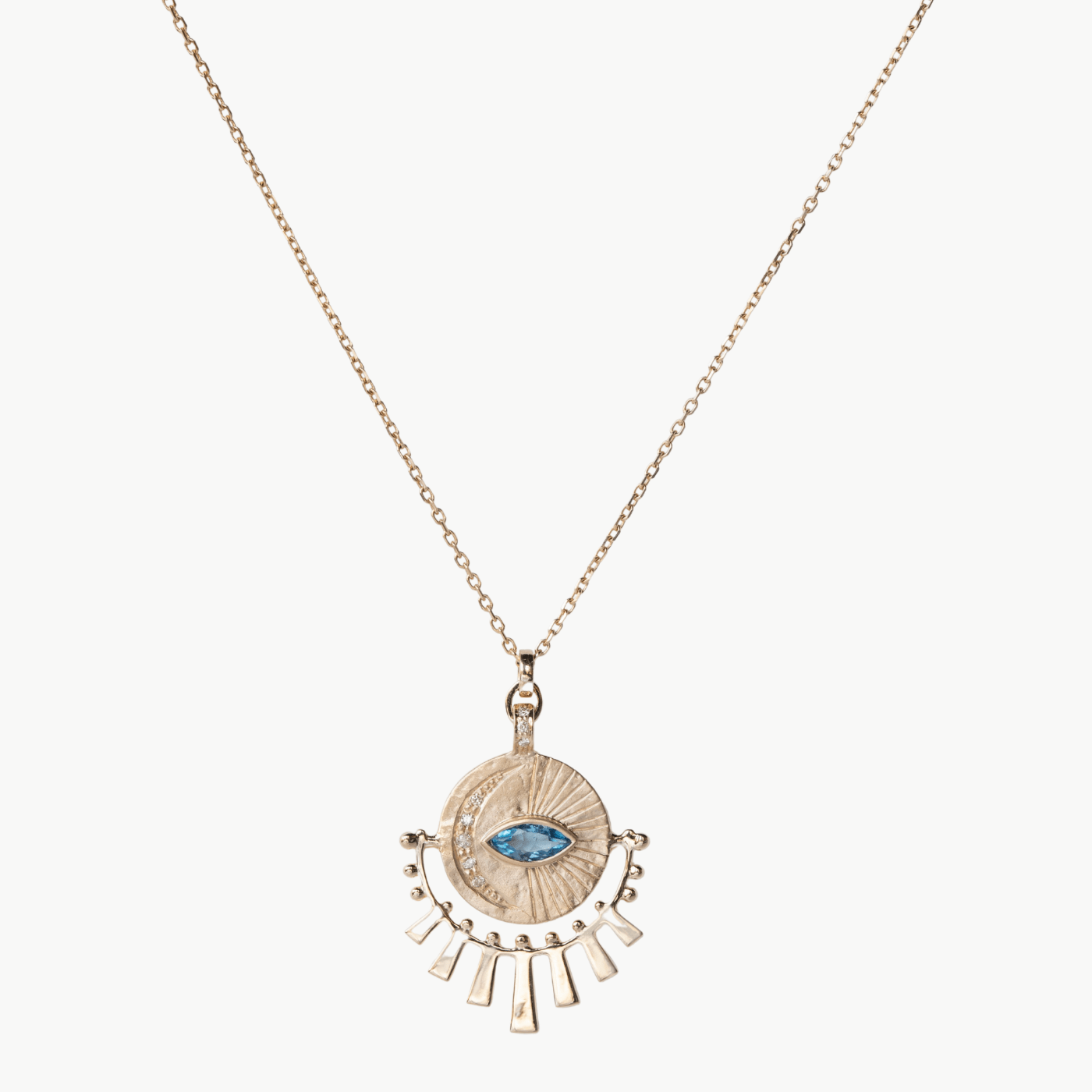 NKL-14K Diamond Moon & Aquamarine Eye with Sun Rays Necklace