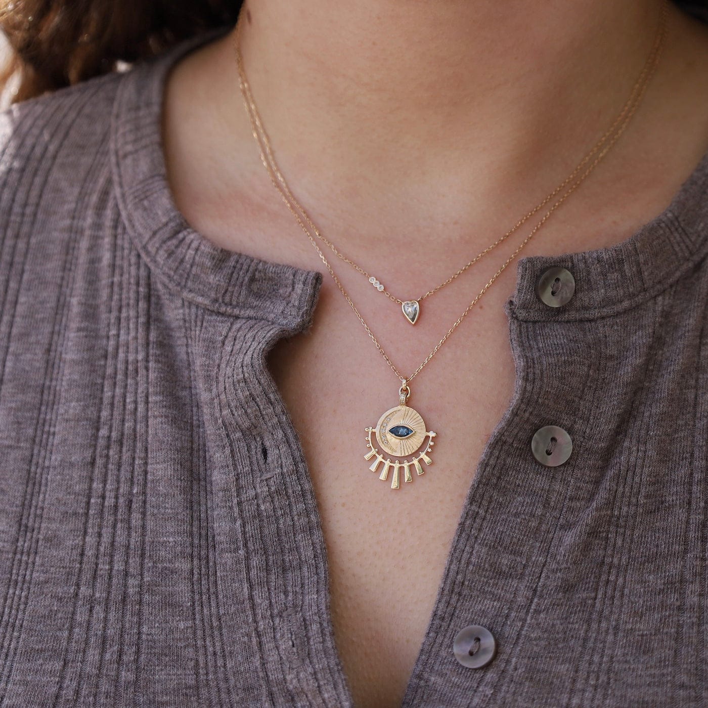 NKL-14K Diamond Moon & Aquamarine Eye with Sun Rays Necklace